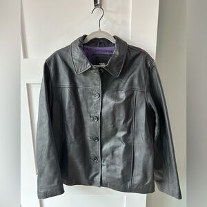 Vtg Mossimo Black Genuine Leather Jacket XL Purple Lining Button Front Coat